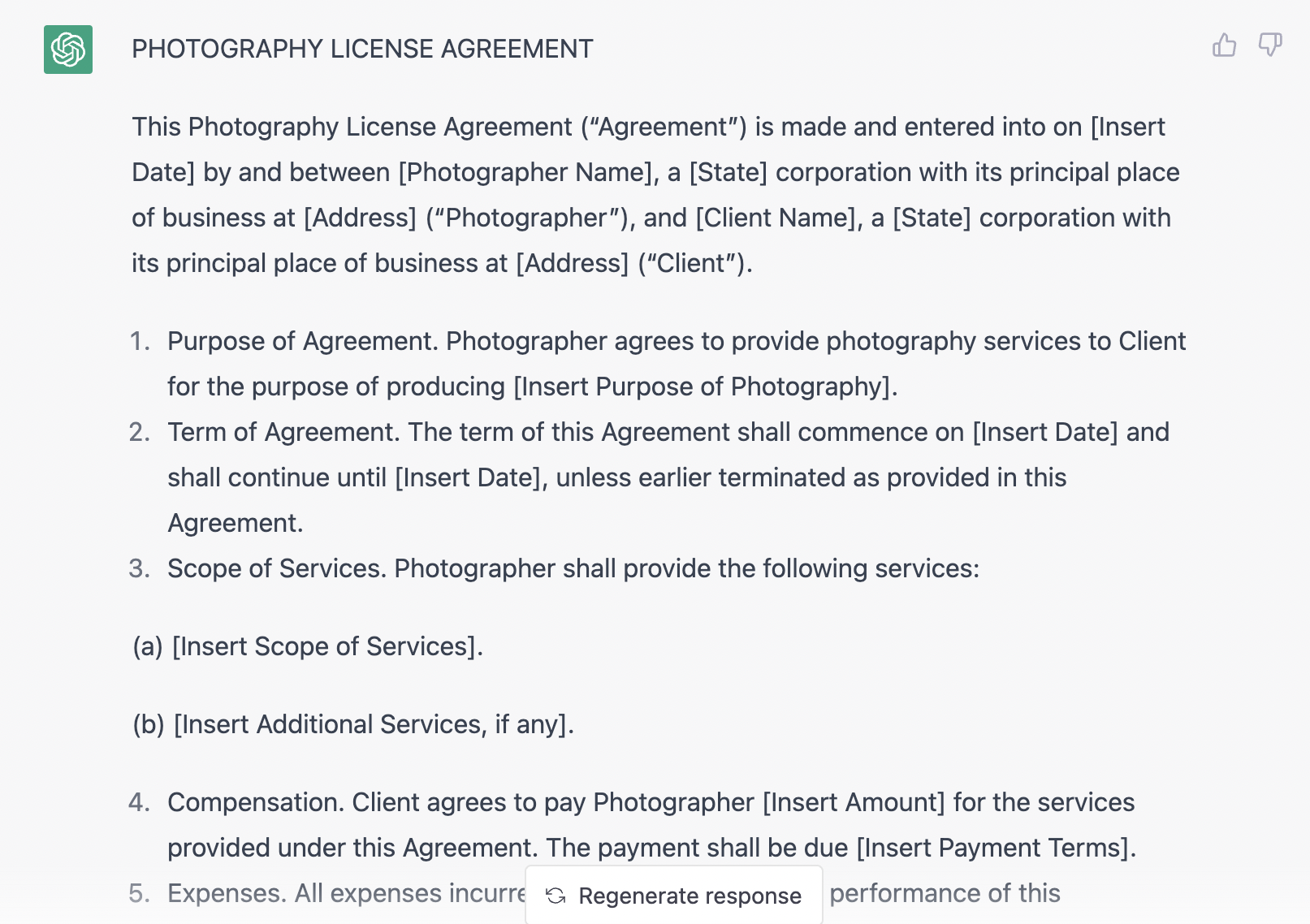 Photography License Agreement by ChatGPT